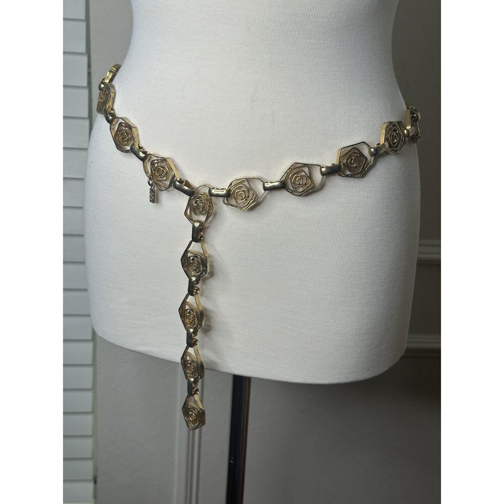 Vtg Yves Saint Laurent YSL Rose Flower Link Chain Belt Gold Tone Rive Gauche 80s